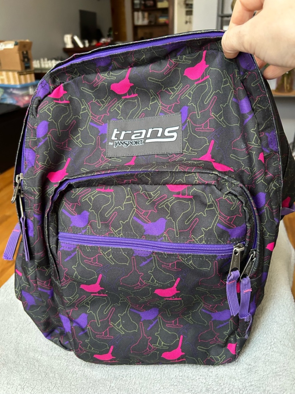 Jansport Trans Backpack in Black with Pink and Purple Bird Print